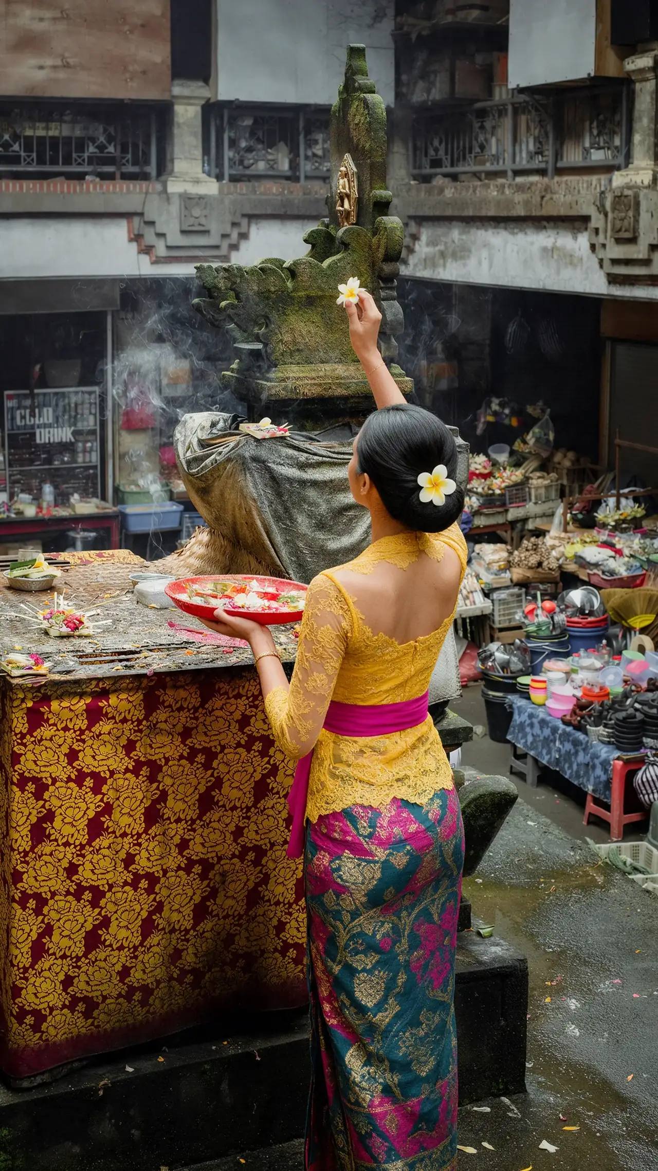 A woman in a yellow kebaya raising a frangipani flower at a shrine in a Balinese market, a tray of offerings in her other hand
